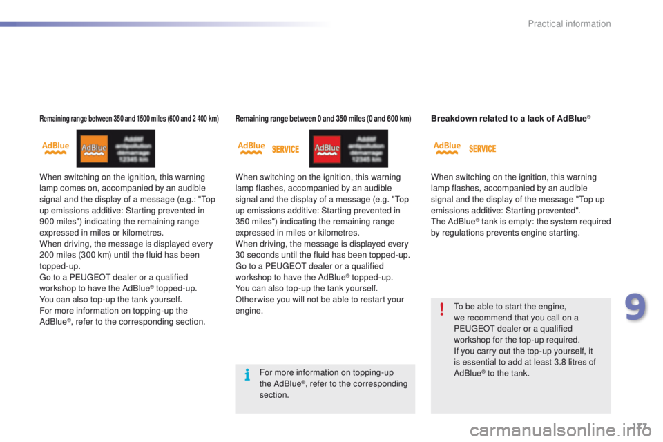 PEUGEOT 2008 2016  Owners Manual 177
2008_en_Chap09_info-pratiques_ed01-2016
When switching on the ignition, this warning 
l amp comes on, accompanied by an audible 
signal and the display of a message (e.g.: "Top 
up emissions a