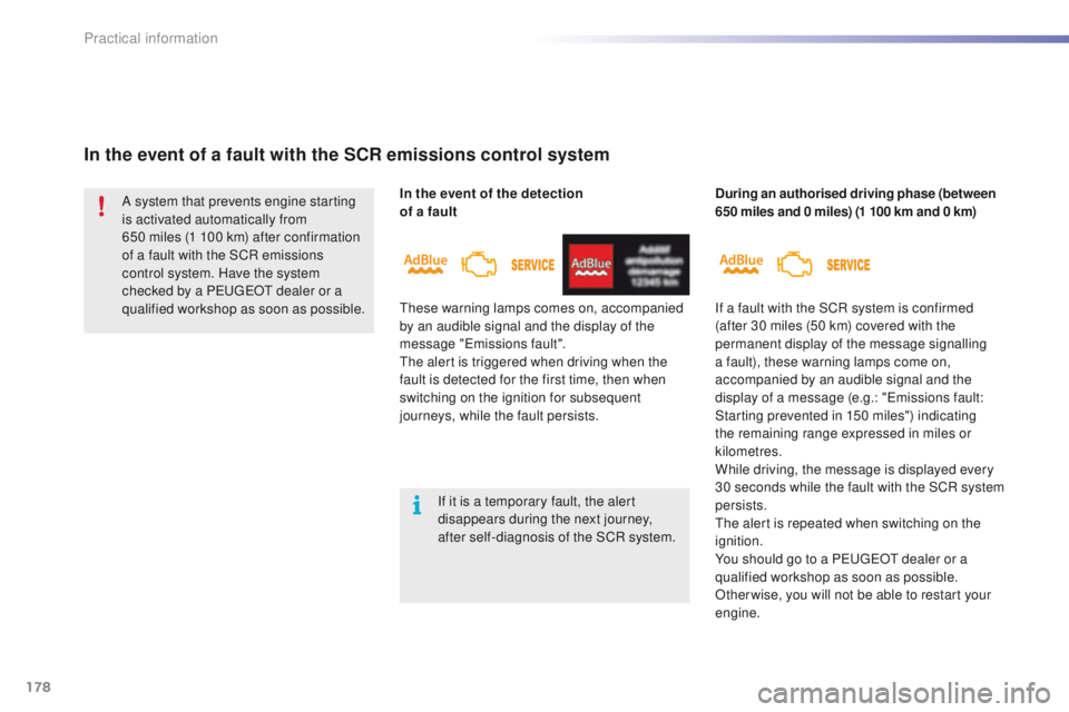 PEUGEOT 2008 2016  Owners Manual 178
2008_en_Chap09_info-pratiques_ed01-2016
In the event of the detection  
of a fault
In the event of a fault with the SCR emissions control system
During an authorised driving phase (between 
650 mi