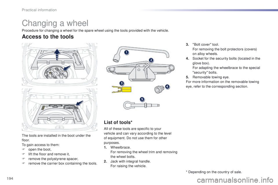 PEUGEOT 2008 2016 Owners Manual 194
2008_en_Chap09_info-pratiques_ed01-2016
Changing a wheel
The tools are installed in the boot under the
f l o o r.
To gain access to them:
F
o
pen the boot,
F
l
ift the floor and remove it,
F PEUGEOT 2008 2016 Owners Manual 194
2008_en_Chap09_info-pratiques_ed01-2016
Changing a wheel
The tools are installed in the boot under the
f l o o r.
To gain access to them:
F
o
pen the boot,
F
l
ift the floor and remove it,
F