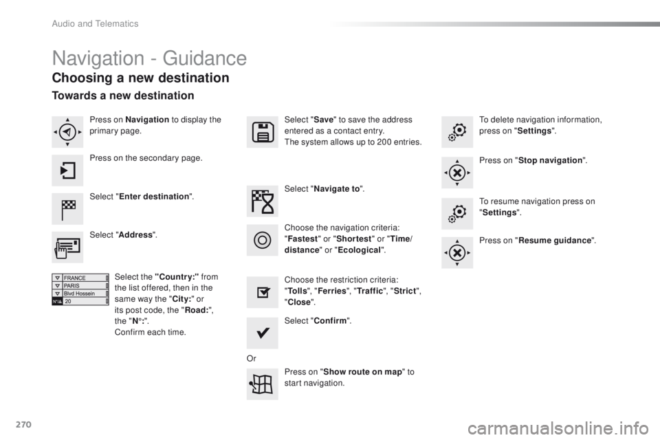 PEUGEOT 2008 2016  Owners Manual 270
2008_en_Chap12b_SMEGplus_ed01-2016
Navigation - Guidance
Choosing a new destination
Select "Enter destination ". Select "
Save" to save the address 
entered as a contact entry.
The