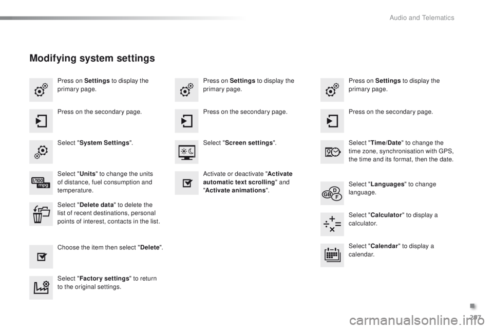 PEUGEOT 2008 2016 Owners Manual 297
2008_en_Chap12b_SMEGplus_ed01-2016
Press on Settings to display the
primary page. Press on Settings
to display the
primary page.
Press on Settings
to display the
primary page.
Press on the se PEUGEOT 2008 2016 Owners Manual 297
2008_en_Chap12b_SMEGplus_ed01-2016
Press on Settings to display the
primary page. Press on Settings
to display the
primary page.
Press on Settings
to display the
primary page.
Press on the se