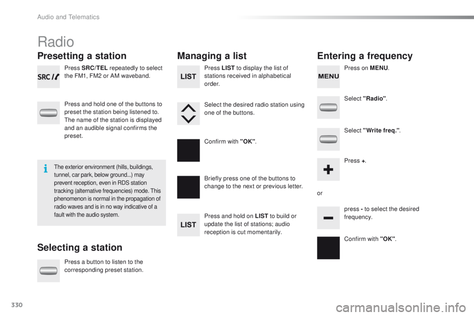 PEUGEOT 2008 2016 Owners Manual 330
2008_en_Chap12c_RDE2_ed01-2016
Radio
Presetting a station
Selecting a stationManaging a list
Entering a frequency
Press SRC/TEL repeatedly to select
the FM1, FM2 or AM waveband.
Press and hold on PEUGEOT 2008 2016 Owners Manual 330
2008_en_Chap12c_RDE2_ed01-2016
Radio
Presetting a station
Selecting a stationManaging a list
Entering a frequency
Press SRC/TEL repeatedly to select
the FM1, FM2 or AM waveband.
Press and hold on
