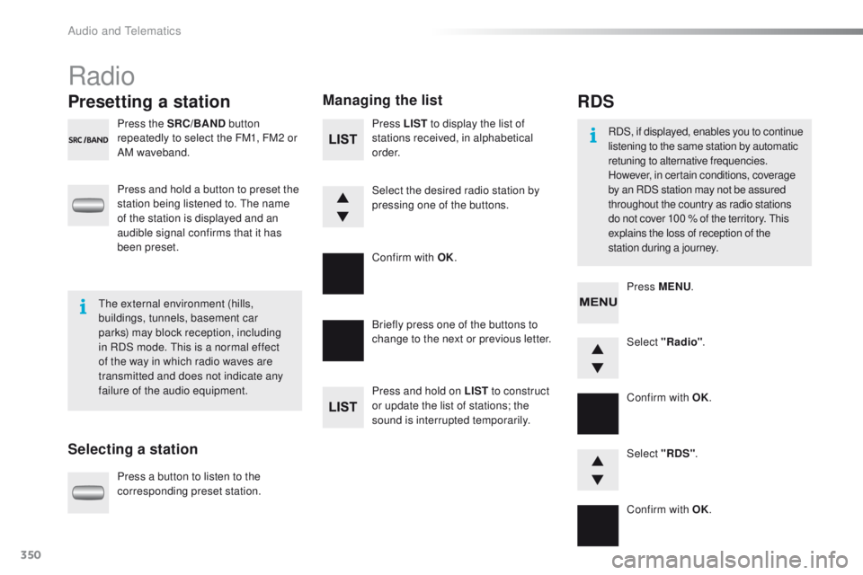 PEUGEOT 2008 2016 Owners Manual 350
2008_en_Chap12d_RDE1_ed01-2016
Radio
Presetting a station
Selecting a stationManaging the list
Press the SRC/BAND
button
repeatedly to select the FM1, FM2 or
AM waveband.
Press and hold a butto PEUGEOT 2008 2016 Owners Manual 350
2008_en_Chap12d_RDE1_ed01-2016
Radio
Presetting a station
Selecting a stationManaging the list
Press the SRC/BAND
button
repeatedly to select the FM1, FM2 or
AM waveband.
Press and hold a butto