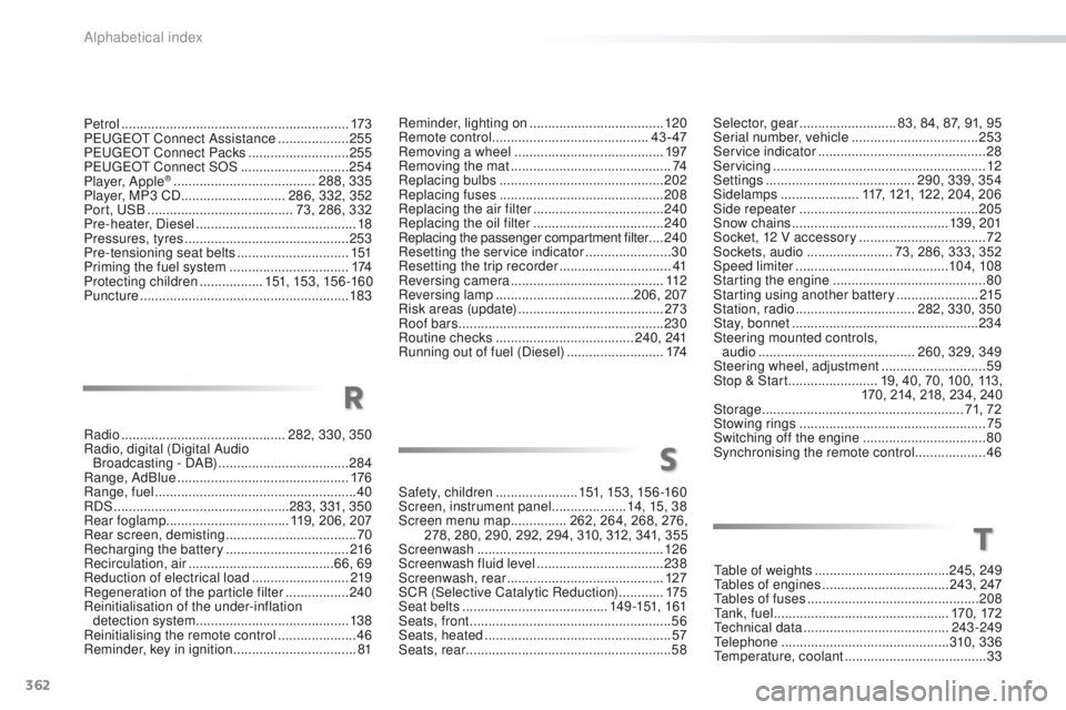 PEUGEOT 2008 2016  Owners Manual 362
2008_en_Chap13_index-alpha_ed01-2016
Table of weights ....................................24 5, 249
Tables of engines  .................................. 243, 247
Tables of fuses
  ...............