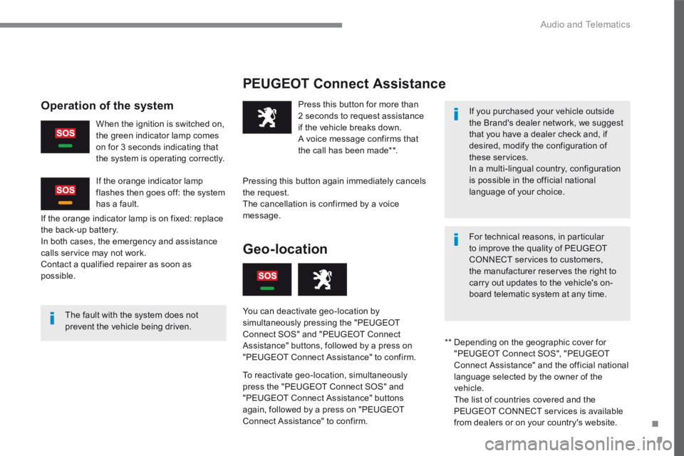 PEUGEOT 2008 2016  Owners Manual .
 Audio and Telematics 9
2008-additif_en_Chap12a_BTA-2-BTA-3R_ed01-2016
  PEUGEOT  Connect  Assistance  
  The fault with the system does not prevent the vehicle being driven.    
  Press this button