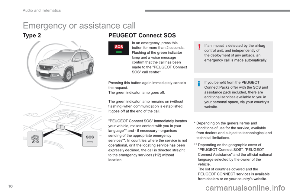 PEUGEOT 2008 2016  Owners Manual  Audio and Telematics 
10
2008-additif_en_Chap12a_BTA-2-BTA-3R_ed01-2016
       Emergency  or  assistance  call 
  If an impact is detected by the airbag control unit, and independently of the deploym