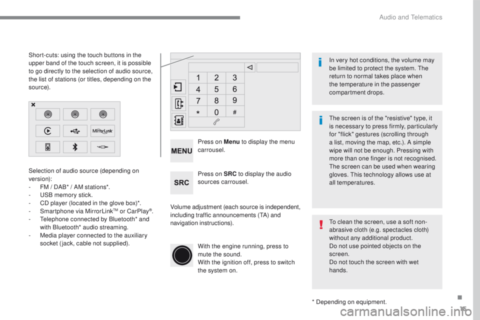 PEUGEOT 2008 2016  Owners Manual 15
2008-additif_en_Chap12b_SMEGplus_ed01-2016
Selection of audio source (depending on 
version):
-
 FM / D
AB* / AM stations*.
-
 US

B memory stick.
-
 CD p

layer (located in the glove box)*.
-
 Sm
