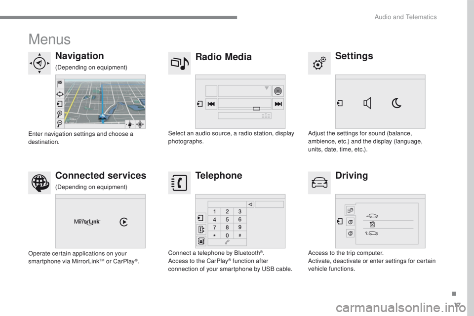 PEUGEOT 2008 2016  Owners Manual 17
2008-additif_en_Chap12b_SMEGplus_ed01-2016
Menus
Settings
Radio Media
Navigation
Driving
Connected services Telephone
Adjust the settings for sound (balance, 
ambience, etc.) and the display (langu