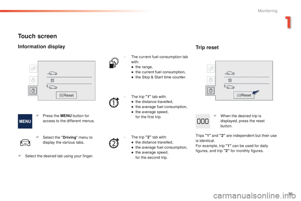 PEUGEOT 2008 2016  Owners Manual 39
2008_en_Chap01_controle-de-marche_ed01-2016
Touch screen
- The current fuel consumption tab with:
●
 
t
 he range,
●
 
t
 he current fuel consumption,
●
 
t
 he Stop & Start time counter.
-
 