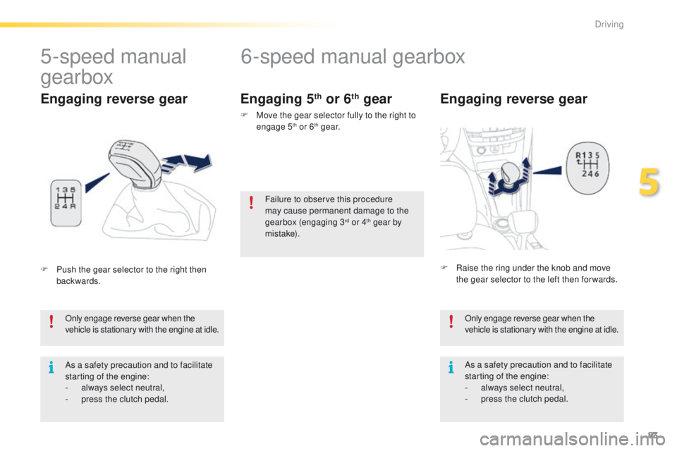 PEUGEOT 2008 2016 Manual Online 83
2008_en_Chap05_conduite_ed01-2016
6-speed manual gearbox
Engaging reverse gear
Only engage reverse gear when the
vehicle is stationary with the engine at idle.
As a safety precaution and to facili PEUGEOT 2008 2016 Manual Online 83
2008_en_Chap05_conduite_ed01-2016
6-speed manual gearbox
Engaging reverse gear
Only engage reverse gear when the
vehicle is stationary with the engine at idle.
As a safety precaution and to facili