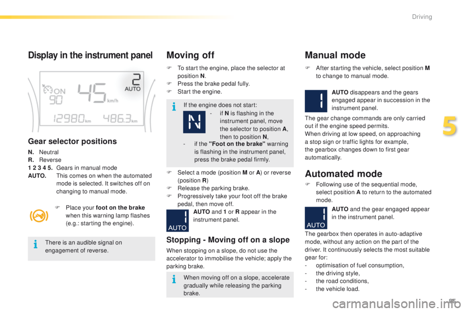 PEUGEOT 2008 2016  Owners Manual 85
2008_en_Chap05_conduite_ed01-2016
Display in the instrument panel
Gear selector positions
N.  Neutral
R .    Reverse
1 2 3 4 5.
 
G
 ears in manual mode
AUTO.  
   
T
 his comes on when the automat