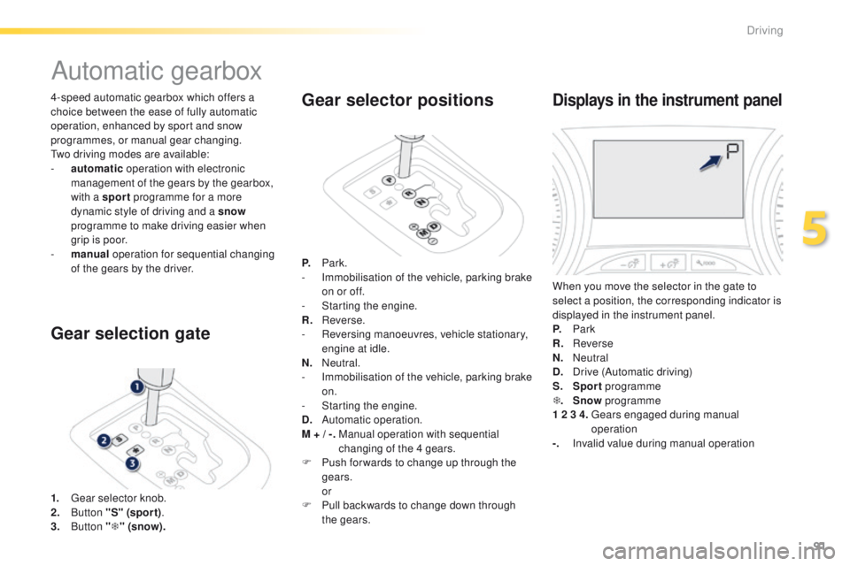 PEUGEOT 2008 2016  Owners Manual 91
2008_en_Chap05_conduite_ed01-2016
4-speed automatic gearbox which offers a 
choice between the ease of fully automatic 
operation, enhanced by sport and snow 
programmes, or manual gear changing.
T