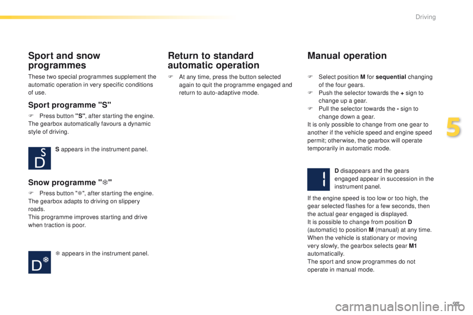 PEUGEOT 2008 2016  Owners Manual 93
2008_en_Chap05_conduite_ed01-2016
Sport and snow 
programmes
Sport programme "S"
F Press button "S", after starting the engine.
The gearbox automatically favours a dynamic 
style of