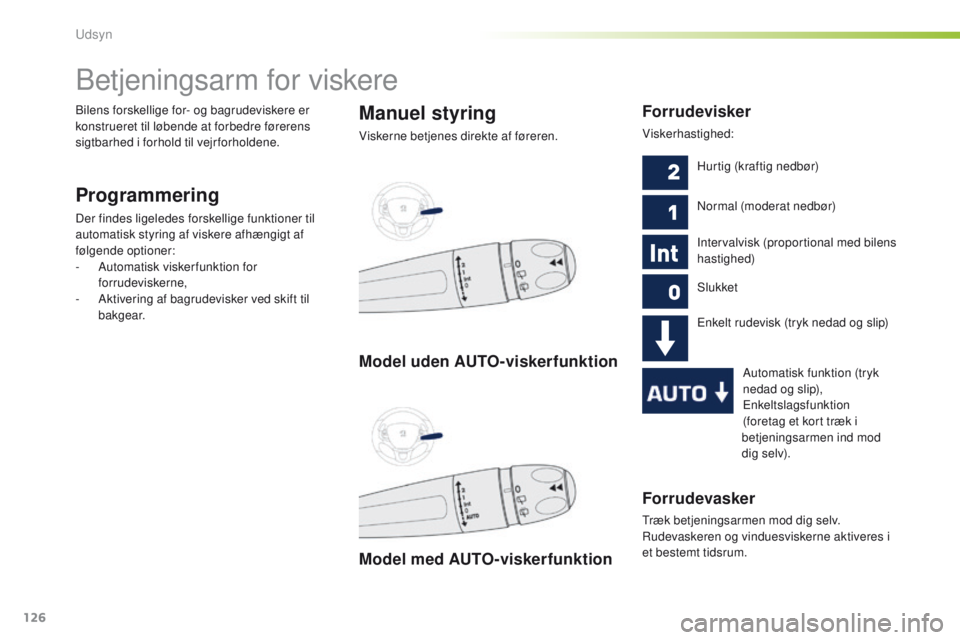 PEUGEOT 2008 2016 Brugsanvisning (in Danish) 126
2008_da_Chap06_visibilite_ed01-2016
Forrudevasker
træk betjeningsarmen mod dig selv.
Rudevaskeren og vinduesviskerne aktiveres i
et bestemt tidsrum.
Betjeningsarm for viskere
Programmering
Der PEUGEOT 2008 2016 Brugsanvisning (in Danish) 126
2008_da_Chap06_visibilite_ed01-2016
Forrudevasker
træk betjeningsarmen mod dig selv.
Rudevaskeren og vinduesviskerne aktiveres i
et bestemt tidsrum.
Betjeningsarm for viskere
Programmering
Der