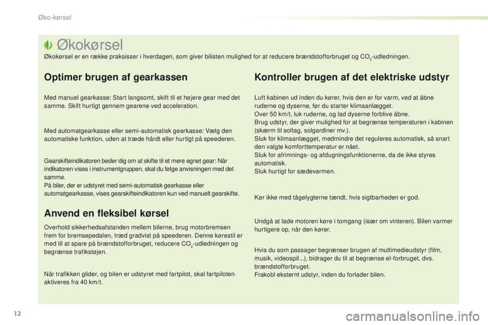 PEUGEOT 2008 2016 Brugsanvisning (in Danish) 12
2008_da_Chap00c_eco-conduite_ed01-2016
Økokørsel
Økokørsel er en række praksisser i hverdagen, som giver bilisten mulighed for at reducere brændstofforbruget og Co2-udledningen.
Optimer bruge PEUGEOT 2008 2016 Brugsanvisning (in Danish) 12
2008_da_Chap00c_eco-conduite_ed01-2016
Økokørsel
Økokørsel er en række praksisser i hverdagen, som giver bilisten mulighed for at reducere brændstofforbruget og Co2-udledningen.
Optimer bruge
