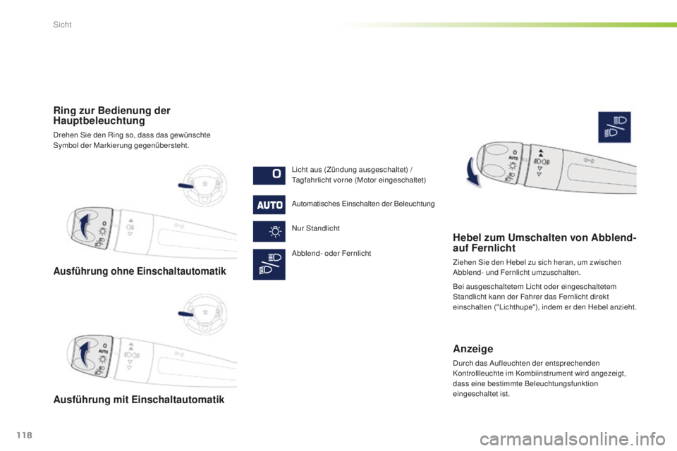 PEUGEOT 2008 2016  Betriebsanleitungen (in German) 118
2008_de_Chap06_visibilite_ed01-2016
Ausführung ohne Einschaltautomatik
Ausführung mit Einschaltautomatik
Ring zur Bedienung der 
Hauptbeleuchtung
Drehen Sie den Ring so, dass das gewünschte 
Sy
