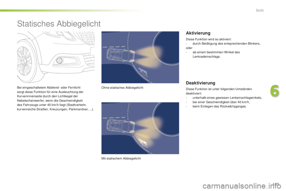 PEUGEOT 2008 2016 Betriebsanleitungen (in German) 125
2008_de_Chap06_visibilite_ed01-2016
Bei eingeschaltetem Abblend- oder Fernlicht
sorgt diese Funktion für eine Ausleuchtung der
Kur veninnenseite durch den Lichtkegel der
Nebelscheinwerfer, wen PEUGEOT 2008 2016 Betriebsanleitungen (in German) 125
2008_de_Chap06_visibilite_ed01-2016
Bei eingeschaltetem Abblend- oder Fernlicht
sorgt diese Funktion für eine Ausleuchtung der
Kur veninnenseite durch den Lichtkegel der
Nebelscheinwerfer, wen