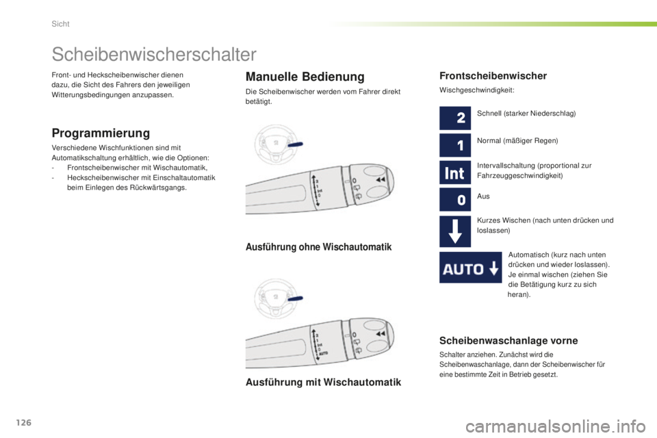 PEUGEOT 2008 2016 Betriebsanleitungen (in German) 126
2008_de_Chap06_visibilite_ed01-2016
Scheibenwaschanlage vorne
Schalter anziehen. Zunächst wird die
Scheibenwaschanlage, dann der Scheibenwischer für
eine bestimmte Zeit in Betrieb gesetzt.
Sch PEUGEOT 2008 2016 Betriebsanleitungen (in German) 126
2008_de_Chap06_visibilite_ed01-2016
Scheibenwaschanlage vorne
Schalter anziehen. Zunächst wird die
Scheibenwaschanlage, dann der Scheibenwischer für
eine bestimmte Zeit in Betrieb gesetzt.
Sch