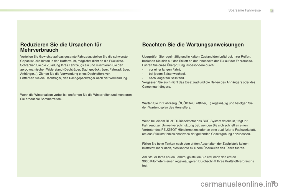 PEUGEOT 2008 2016  Betriebsanleitungen (in German) 13
2008_de_Chap00c_eco-conduite_ed01-2016
Reduzieren Sie die Ursachen für 
Mehrverbrauch
Ver teilen Sie Gewichte auf das gesamte Fahrzeug; stellen Sie die schwersten 
Gepäckstücke hinten in den Kof