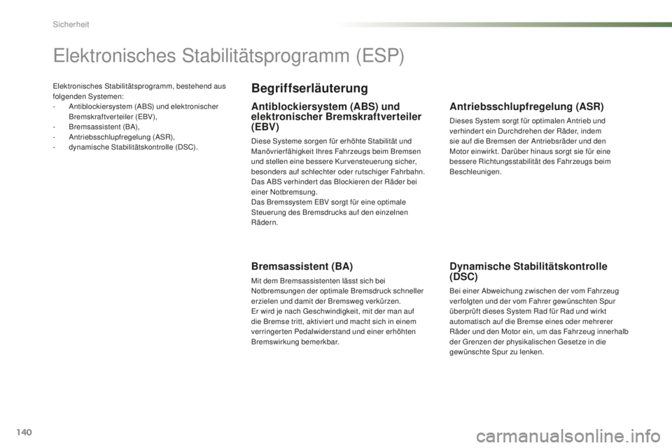 PEUGEOT 2008 2016 Betriebsanleitungen (in German) 140
2008_de_Chap07_securite_ed01-2016
Elektronisches Stabilitätsprogramm, bestehend aus
folgenden Systemen:
-
A
ntiblockiersystem (ABS) und elektronischer
Bremskraftverteiler (EBV),
-
B
remsassi PEUGEOT 2008 2016 Betriebsanleitungen (in German) 140
2008_de_Chap07_securite_ed01-2016
Elektronisches Stabilitätsprogramm, bestehend aus
folgenden Systemen:
-
A
ntiblockiersystem (ABS) und elektronischer
Bremskraftverteiler (EBV),
-
B
remsassi