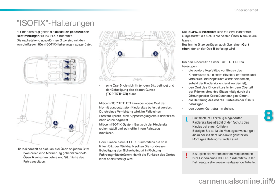 PEUGEOT 2008 2016 Betriebsanleitungen (in German) 165
2008_de_Chap08_securite-enfants_ed01-2016
Für Ihr Fahrzeug gelten die aktuellen gesetzlichen
Bestimmungen für ISOFIX-Kindersitze.
Die nachstehend aufgeführ ten Sitze sind mit den
vorschrifts PEUGEOT 2008 2016 Betriebsanleitungen (in German) 165
2008_de_Chap08_securite-enfants_ed01-2016
Für Ihr Fahrzeug gelten die aktuellen gesetzlichen
Bestimmungen für ISOFIX-Kindersitze.
Die nachstehend aufgeführ ten Sitze sind mit den
vorschrifts