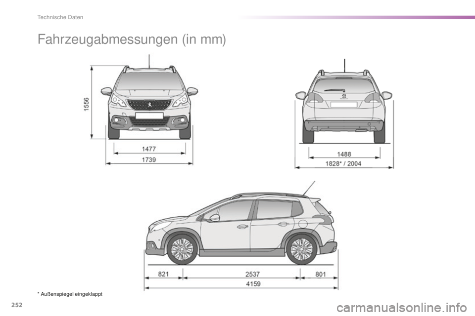 PEUGEOT 2008 2016 Betriebsanleitungen (in German) 252
2008_de_Chap11_caracteristiques-techniques_ed01-2016
Fahrzeugabmessungen (in mm)
* Außenspiegel eingeklappt
Technische Daten PEUGEOT 2008 2016 Betriebsanleitungen (in German) 252
2008_de_Chap11_caracteristiques-techniques_ed01-2016
Fahrzeugabmessungen (in mm)
* Außenspiegel eingeklappt
Technische Daten