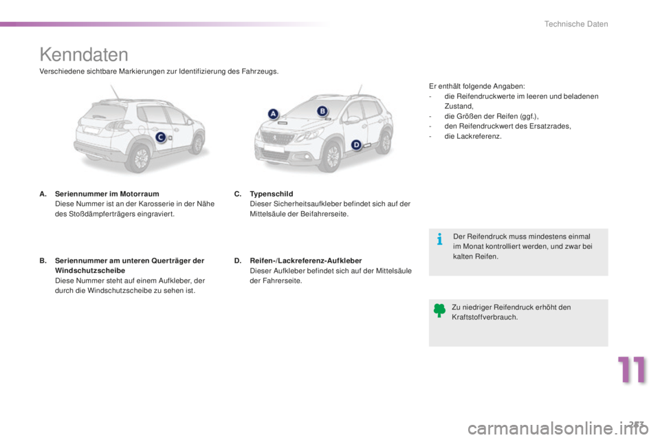 PEUGEOT 2008 2016 Betriebsanleitungen (in German) 253
2008_de_Chap11_caracteristiques-techniques_ed01-2016
Kenndaten
A. Seriennummer im Motorraum D
iese Nummer ist an der Karosserie in der Nähe
des Stoßdämpferträgers eingraviert.
Der Reifendruc PEUGEOT 2008 2016 Betriebsanleitungen (in German) 253
2008_de_Chap11_caracteristiques-techniques_ed01-2016
Kenndaten
A. Seriennummer im Motorraum D
iese Nummer ist an der Karosserie in der Nähe
des Stoßdämpferträgers eingraviert.
Der Reifendruc