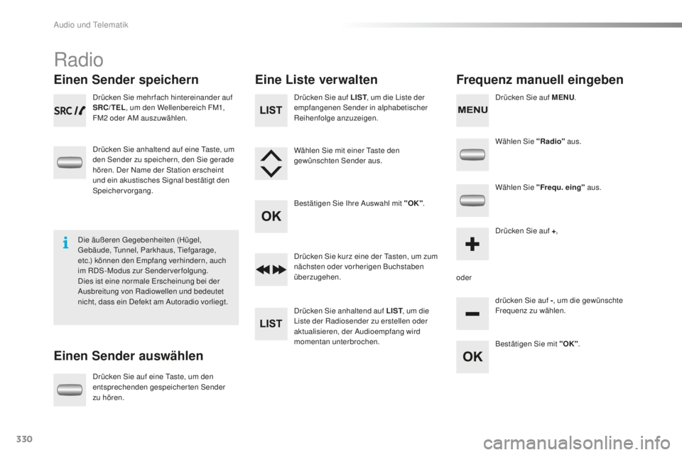 PEUGEOT 2008 2016 Betriebsanleitungen (in German) 330
2008 _de_Chap12c _ RDE2_ed01-2016
Radio
Einen Sender speichern
Einen Sender auswählenEine Liste verwalten
Frequenz manuell eingeben
Drücken Sie mehrfach hintereinander auf
SRC/TEL, um den Welle PEUGEOT 2008 2016 Betriebsanleitungen (in German) 330
2008 _de_Chap12c _ RDE2_ed01-2016
Radio
Einen Sender speichern
Einen Sender auswählenEine Liste verwalten
Frequenz manuell eingeben
Drücken Sie mehrfach hintereinander auf
SRC/TEL, um den Welle