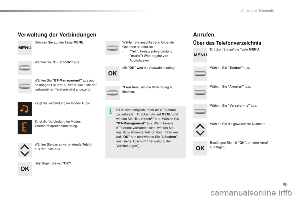 PEUGEOT 2008 2016 Betriebsanleitungen (in German) 337
2008 _de_Chap12c _ RDE2_ed01-2016
Drücken Sie auf die Taste MENU.
Drücken Sie auf die Taste MENU.
Verwaltung der Verbindungen Anrufen
Über das Telefonverzeichnis
Wählen Sie "Bluetooth® PEUGEOT 2008 2016 Betriebsanleitungen (in German) 337
2008 _de_Chap12c _ RDE2_ed01-2016
Drücken Sie auf die Taste MENU.
Drücken Sie auf die Taste MENU.
Verwaltung der Verbindungen Anrufen
Über das Telefonverzeichnis
Wählen Sie "Bluetooth®