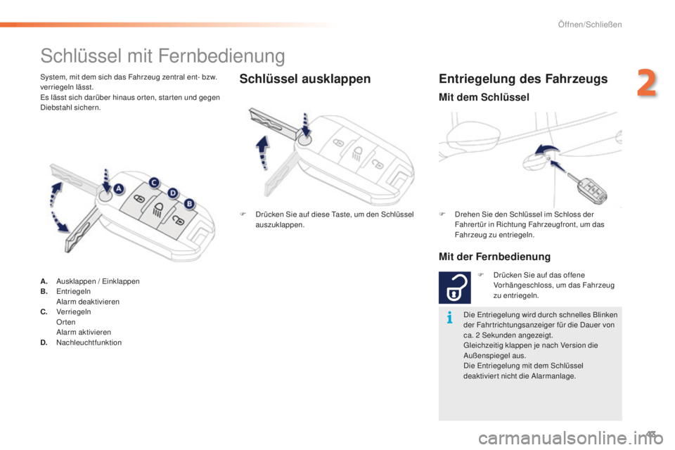 PEUGEOT 2008 2016  Betriebsanleitungen (in German) 43
2008_de_Chap02_ouvertures_ed01-2016
System, mit dem sich das Fahrzeug zentral ent- bzw. 
verriegeln lässt.
Es lässt sich darüber hinaus or ten, star ten und gegen 
Diebstahl sichern.
Schlüssel 