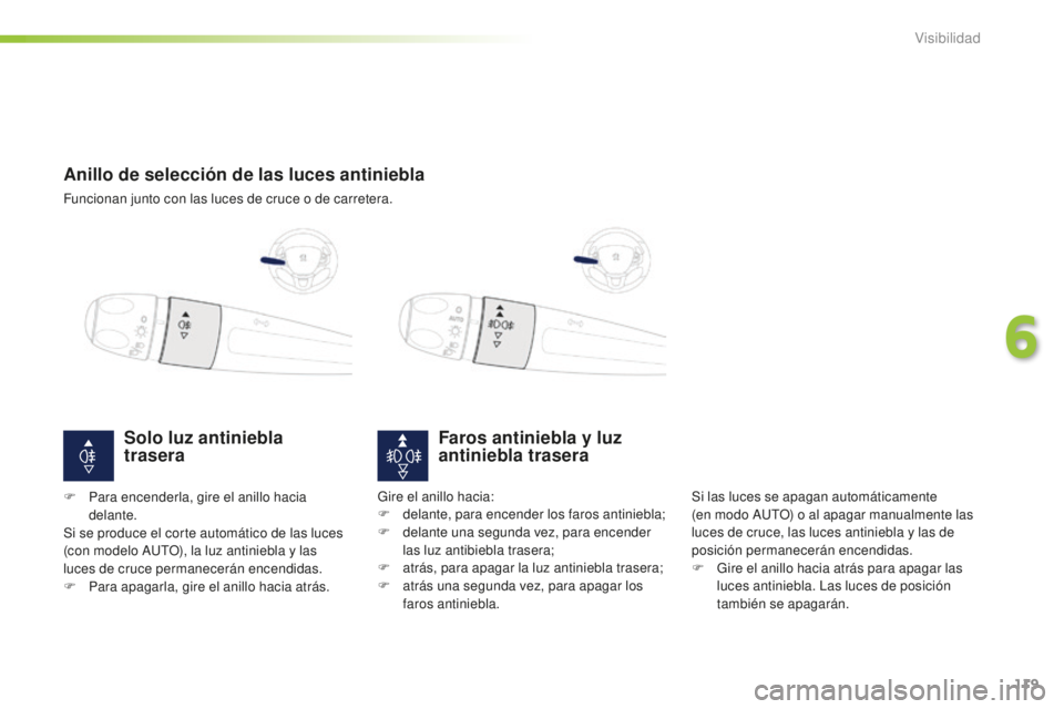 PEUGEOT 2008 2016 Manual del propietario (in Spanish) 119
2008_es_Chap06_visibilite_ed01-2016
Anillo de selección de las luces antiniebla
Funcionan junto con las luces de cruce o de carretera.
Faros antiniebla y luz
antiniebla trasera
Si las luces se a PEUGEOT 2008 2016 Manual del propietario (in Spanish) 119
2008_es_Chap06_visibilite_ed01-2016
Anillo de selección de las luces antiniebla
Funcionan junto con las luces de cruce o de carretera.
Faros antiniebla y luz
antiniebla trasera
Si las luces se a