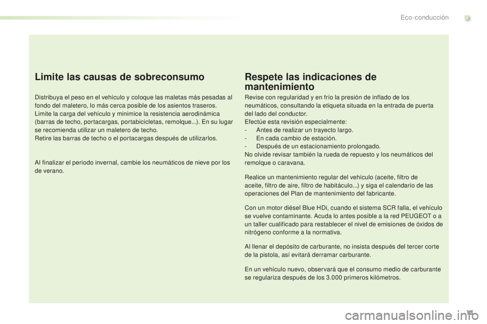 PEUGEOT 2008 2016  Manual del propietario (in Spanish) 13
2008_es_Chap00c_eco-conduite_ed01-2016
Limite las causas de sobreconsumo
Distribuya el peso en el vehículo y coloque las maletas más pesadas al 
fondo del maletero, lo más cerca posible de los a