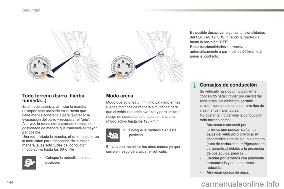 PEUGEOT 2008 2016  Manual del propietario (in Spanish) 144
2008_es_Chap07_securite_ed01-2016
Todo terreno (barro, hierba 
húmeda...)
Este modo autoriza, al iniciar la marcha, 
un importante patinado en la rueda que 
tiene menos adherencia para favorecer 