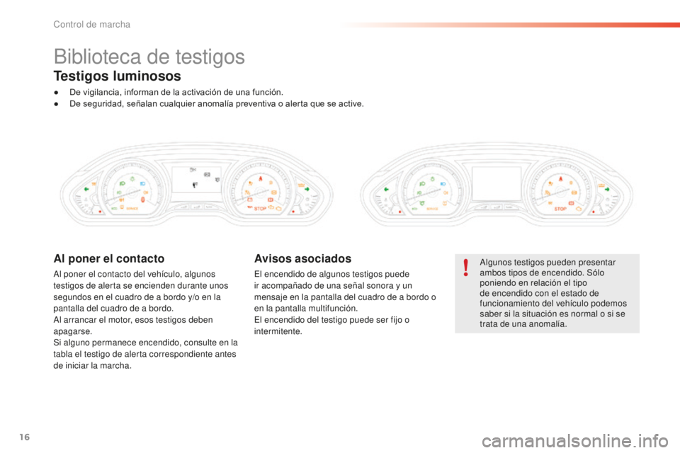 PEUGEOT 2008 2016  Manual del propietario (in Spanish) 16
Biblioteca de testigos
Algunos testigos pueden presentar 
ambos tipos de encendido. Sólo 
poniendo en relación el tipo 
de encendido con el estado de 
funcionamiento del vehículo podemos 
saber 