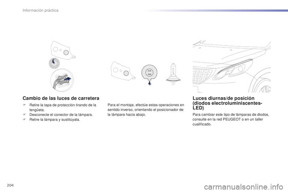 PEUGEOT 2008 2016 Manual del propietario (in Spanish) 204
2008_es_Chap09_info-pratiques_ed01-2016
Cambio de las luces de carreteraLuces diurnas/de posición
(diodos electroluminiscentes-
LED)
Para cambiar este tipo de lámparas de diodos,
consulte en l PEUGEOT 2008 2016 Manual del propietario (in Spanish) 204
2008_es_Chap09_info-pratiques_ed01-2016
Cambio de las luces de carreteraLuces diurnas/de posición
(diodos electroluminiscentes-
LED)
Para cambiar este tipo de lámparas de diodos,
consulte en l