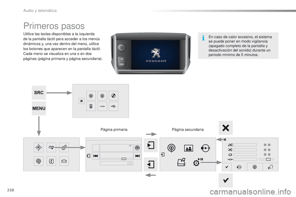 PEUGEOT 2008 2016 Manual del propietario (in Spanish) 258
2008_es_Chap12b_SMEGplus_ed01-2016
Primeros pasos
Utilice las teclas disponibles a la izquierda
de la pantalla táctil para acceder a los menús
dinámicos y, una vez dentro del menú, utilice
PEUGEOT 2008 2016 Manual del propietario (in Spanish) 258
2008_es_Chap12b_SMEGplus_ed01-2016
Primeros pasos
Utilice las teclas disponibles a la izquierda
de la pantalla táctil para acceder a los menús
dinámicos y, una vez dentro del menú, utilice