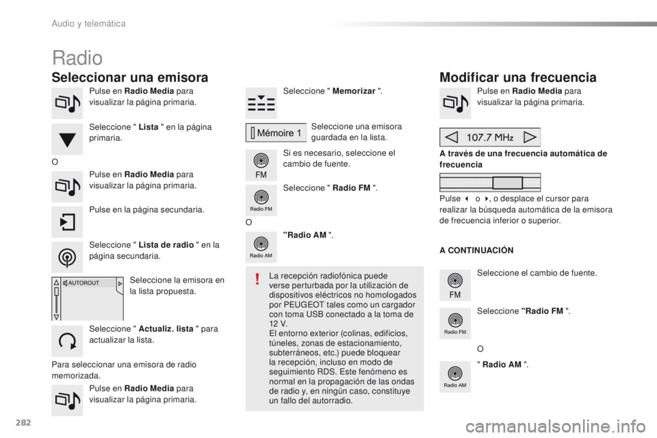 PEUGEOT 2008 2016  Manual del propietario (in Spanish) 282
2008_es_Chap12b_SMEGplus_ed01-2016
Pulse en Radio Media para 
visualizar la página primaria.
Pulse en Radio Media  para 
visualizar la página primaria. Seleccione " Memorizar
 ".
Si es n