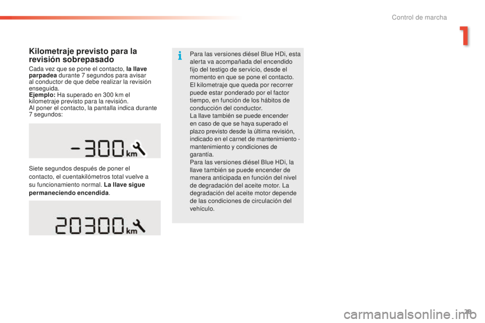 PEUGEOT 2008 2016 Manual del propietario (in Spanish) 29
2008_es_Chap01_controle-de-marche_ed01-2016
Kilometraje previsto para la
revisión sobrepasado
Cada vez que se pone el contacto, la llave
parpadea durante 7
segundos para avisar
al conductor d PEUGEOT 2008 2016 Manual del propietario (in Spanish) 29
2008_es_Chap01_controle-de-marche_ed01-2016
Kilometraje previsto para la
revisión sobrepasado
Cada vez que se pone el contacto, la llave
parpadea durante 7
segundos para avisar
al conductor d