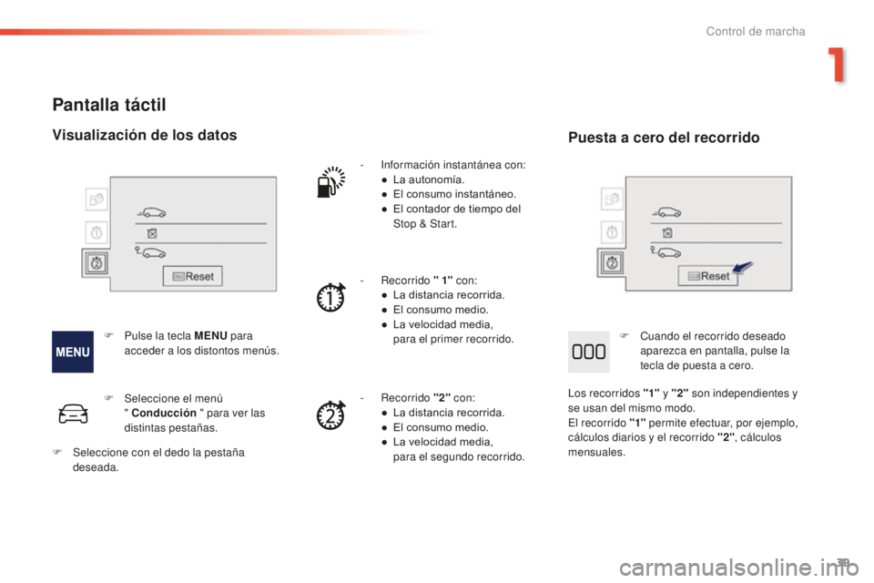 PEUGEOT 2008 2016 Manual del propietario (in Spanish) 39
2008_es_Chap01_controle-de-marche_ed01-2016
Pantalla táctil
- Información instantánea con:● L a autonomía.
●
E
l consumo instantáneo.
●
E
l contador de tiempo del
Stop & Start.
PEUGEOT 2008 2016 Manual del propietario (in Spanish) 39
2008_es_Chap01_controle-de-marche_ed01-2016
Pantalla táctil
- Información instantánea con:● L a autonomía.
●
E
l consumo instantáneo.
●
E
l contador de tiempo del
Stop & Start.