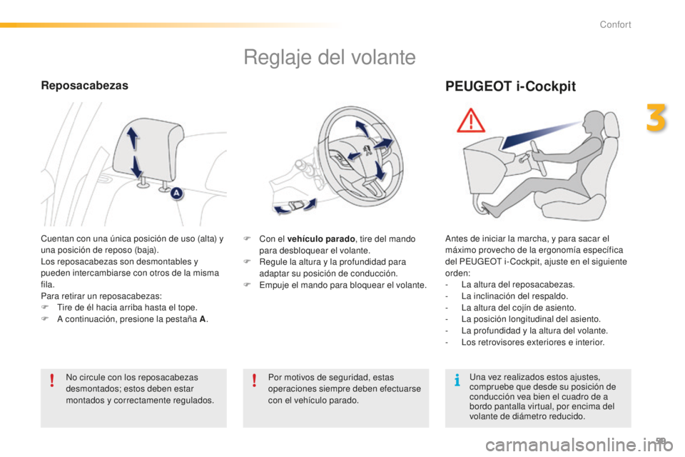 PEUGEOT 2008 2016  Manual del propietario (in Spanish) 59
2008_es_Chap03_confort_ed01-2016
Reglaje del volante
F Con el vehículo parado, tire del mando 
para desbloquear el volante.
F
 
R
 egule la altura y la profundidad para 
adaptar su posición de co