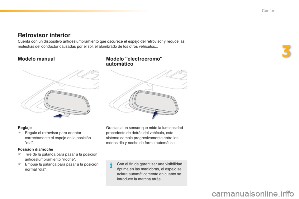 PEUGEOT 2008 2016  Manual del propietario (in Spanish) 61
2008_es_Chap03_confort_ed01-2016
Modelo "electrocromo" 
automático
Gracias a un sensor que mide la luminosidad 
procedente de detrás del vehículo, este 
sistema cambia progresivamente en