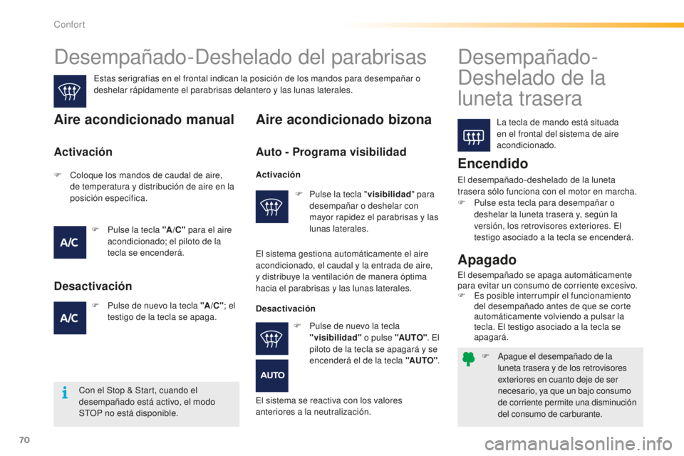 PEUGEOT 2008 2016  Manual del propietario (in Spanish) 70
2008_es_Chap03_confort_ed01-2016
F Apague el desempañado de la luneta trasera y de los retrovisores 
exteriores en cuanto deje de ser 
necesario, ya que un bajo consumo 
de corriente permite una d