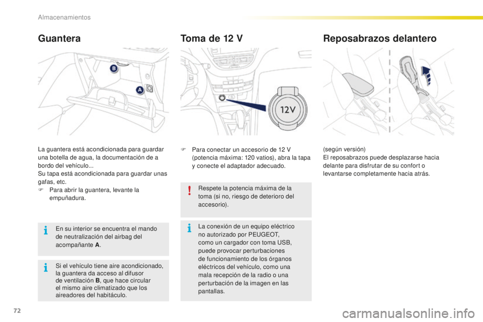 PEUGEOT 2008 2016  Manual del propietario (in Spanish) 72
2008_es_Chap04_amenagements_ed01-2016
Toma de 12 V
F Para conectar un accesorio de 12  V 
(potencia máxima: 120   vatios), abra la tapa 
y conecte el adaptador adecuado.
Guantera
La guantera está