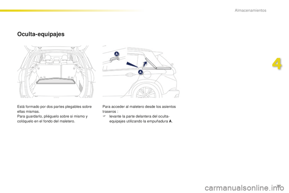 PEUGEOT 2008 2016  Manual del propietario (in Spanish) 77
2008_es_Chap04_amenagements_ed01-2016
Oculta- equipajes
Está formado por dos partes plegables sobre 
ellas mismas.
Para guardarlo, pliéguelo sobre si mismo y 
colóquelo en el fondo del maletero.