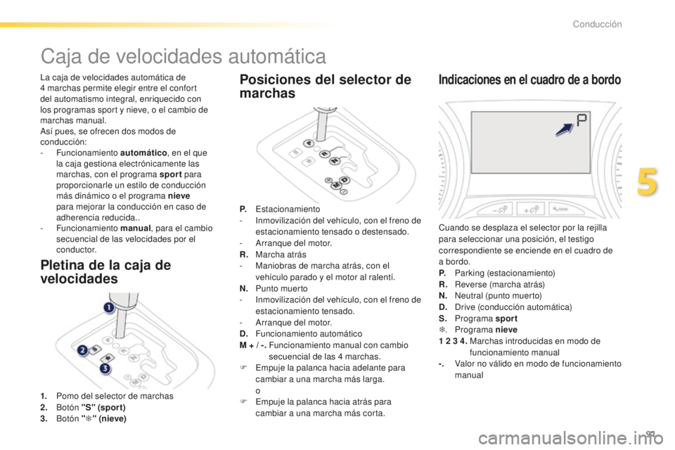 PEUGEOT 2008 2016  Manual del propietario (in Spanish) 91
2008_es_Chap05_conduite_ed01-2016
La caja de velocidades automática de 
4  marchas permite elegir entre el confort 
del automatismo integral, enriquecido con 
los programas sport y nieve, o el cam