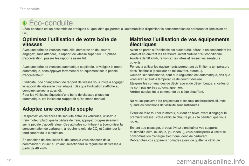 PEUGEOT 2008 2016 Manuel du propriétaire (in French) 12
Éco-conduite
L'éco-conduite est un ensemble de pratiques au quotidien qui permet à l'automobiliste d'optimiser la consommation de carburant et l'émission de
CO
2.
Optimisez l PEUGEOT 2008 2016 Manuel du propriétaire (in French) 12
Éco-conduite
L'éco-conduite est un ensemble de pratiques au quotidien qui permet à l'automobiliste d'optimiser la consommation de carburant et l'émission de
CO
2.
Optimisez l