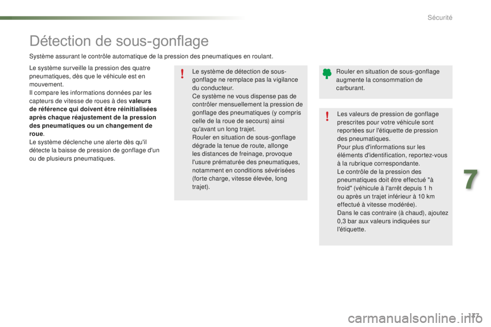 PEUGEOT 2008 2016 Manuel du propriétaire (in French) 137
Le système de détection de sous-
gonflage ne remplace pas la vigilance
du conducteur.
Ce système ne vous dispense pas de
contrôler mensuellement la pression de
gonflage des pneumatiques (y PEUGEOT 2008 2016 Manuel du propriétaire (in French) 137
Le système de détection de sous-
gonflage ne remplace pas la vigilance
du conducteur.
Ce système ne vous dispense pas de
contrôler mensuellement la pression de
gonflage des pneumatiques (y