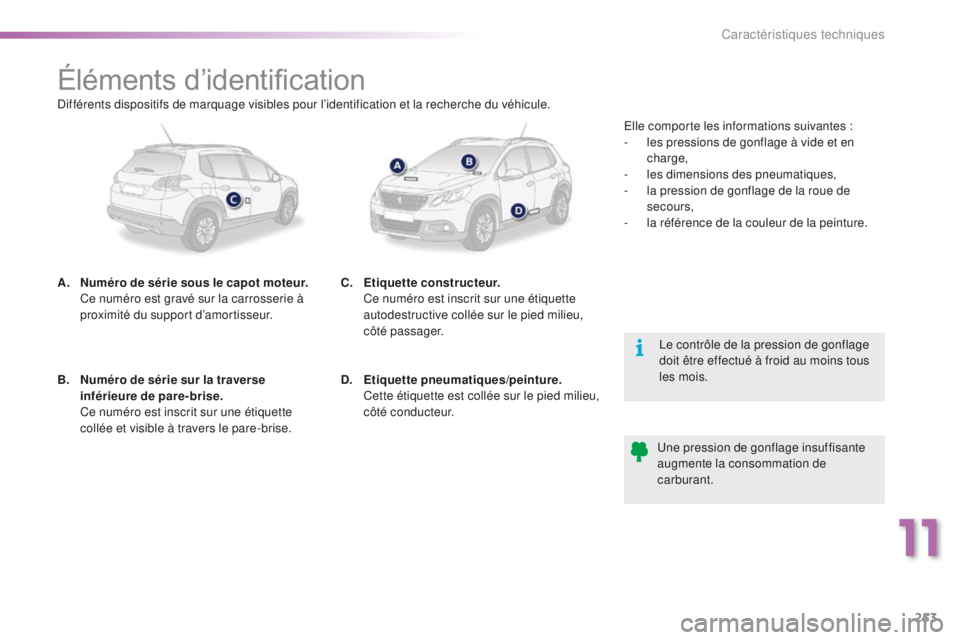 PEUGEOT 2008 2016 Manuel du propriétaire (in French) 253
Éléments d’identification
A. Numéro de série sous le capot moteur. Ce numéro est gravé sur la carrosserie à
proximité du support d’amortisseur.
Le contrôle de la pression de gonflag PEUGEOT 2008 2016 Manuel du propriétaire (in French) 253
Éléments d’identification
A. Numéro de série sous le capot moteur. Ce numéro est gravé sur la carrosserie à
proximité du support d’amortisseur.
Le contrôle de la pression de gonflag