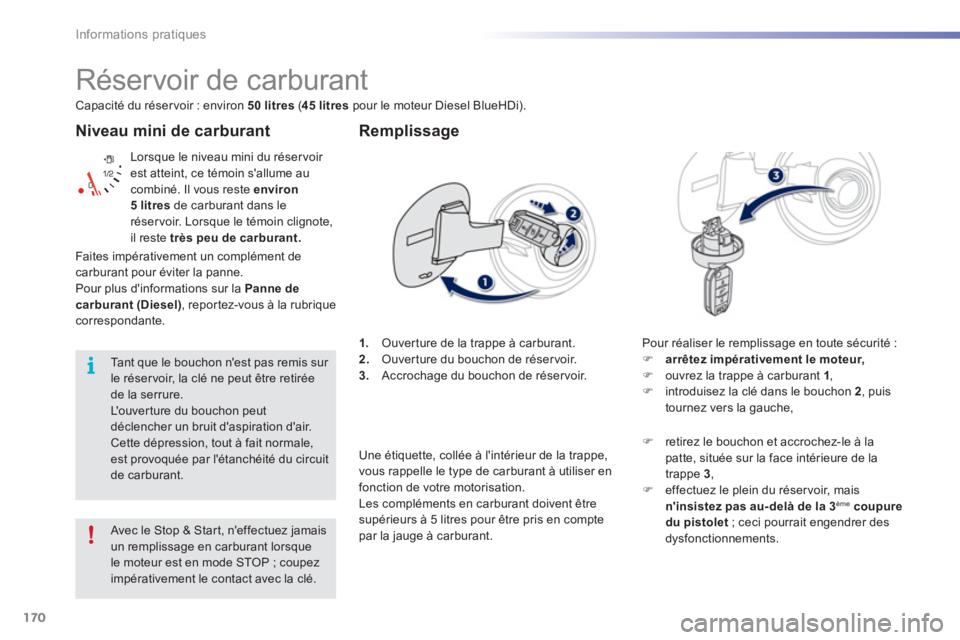 PEUGEOT 2008 2016  Manuel du propriétaire (in French) 170
Informations pratiques
   
Niveau mini de carburant 
 
Lorsque le niveau mini du réser voir 
est atteint, ce témoin sallume au 
combiné. Il vous reste  environ 
5 litres 
 de carburant dans le