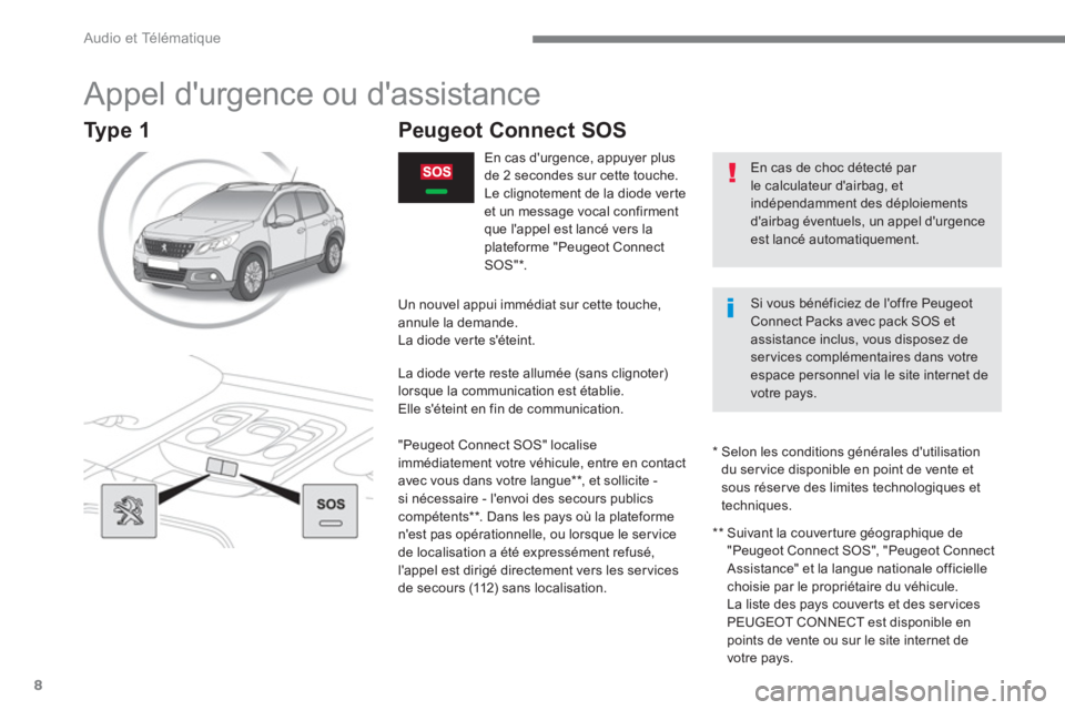 PEUGEOT 2008 2016  Manuel du propriétaire (in French)   Audio et Télématique 
8
   
 
 
 
 
 
Appel durgence ou dassistance 
 
 
 
 
 
 
 
 
Peugeot Connect SOS  
 
 
 
 
 
 
 
 
 
 
 
 
 
En cas durgence, appuyer plus 
de 2 secondes sur cette touch